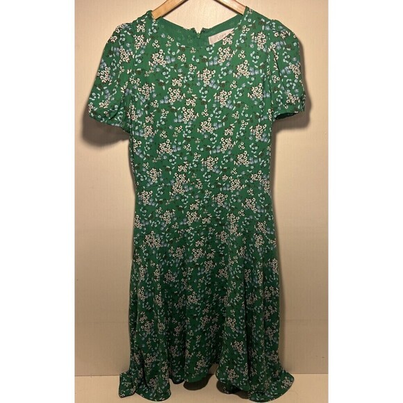 Loft Petite 4P Green‎ Floral Dress Lightweight Short Sleeves EUC Zip Back - Picture 1 of 4